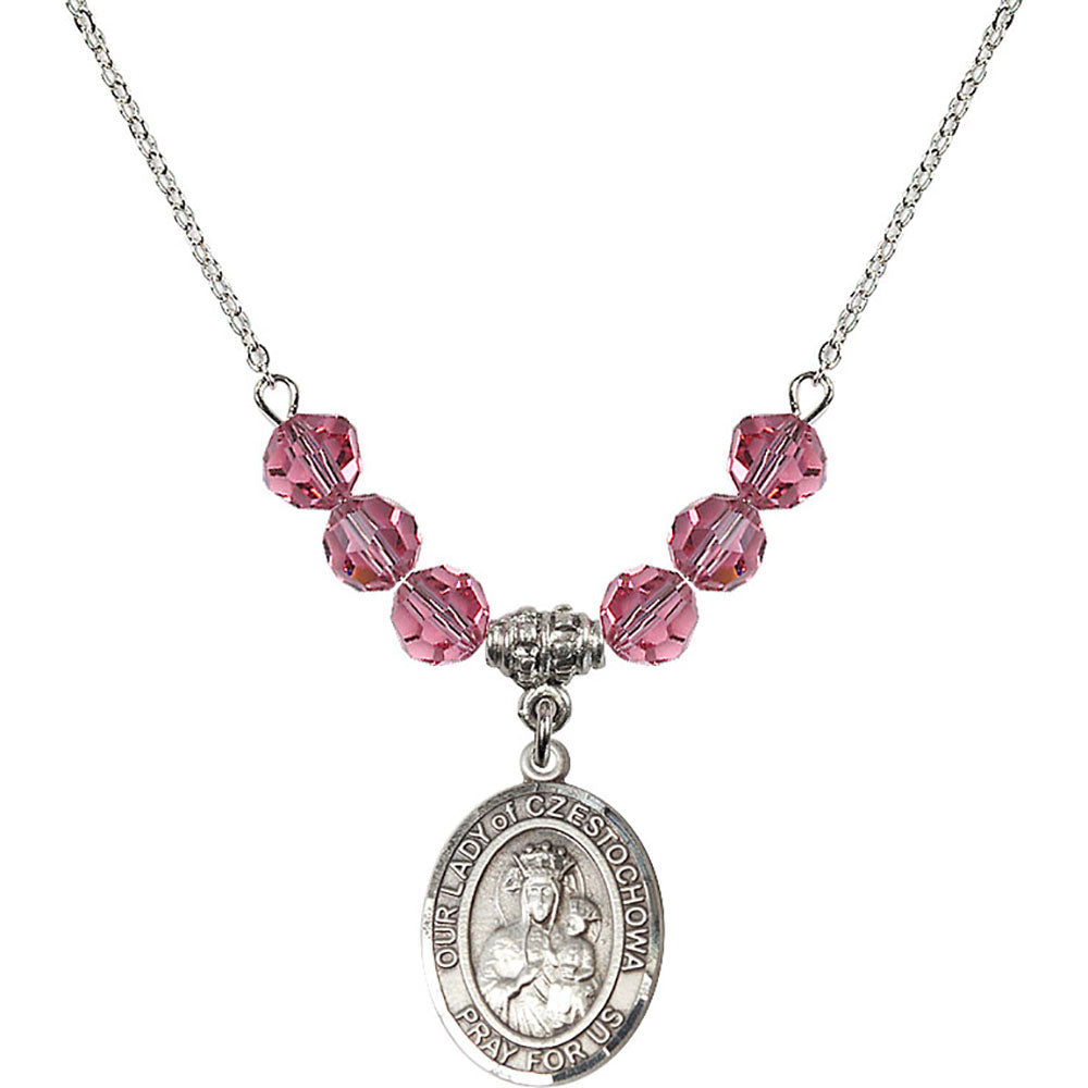Sterling Silver Our Lady of Czestochowa Birthstone Necklace with Rose Beads - 8421