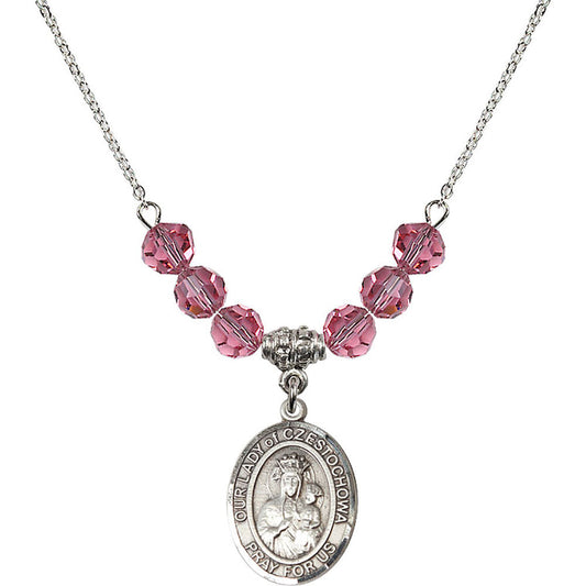 Sterling Silver Our Lady of Czestochowa Birthstone Necklace with Rose Beads - 8421