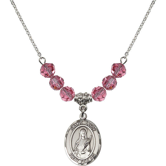 Sterling Silver Saint Lucy Birthstone Necklace with Rose Beads - 8422