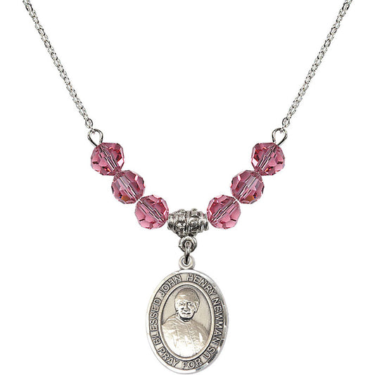 Sterling Silver Blessed John Henry Newman Birthstone Necklace with Rose Beads - 8423