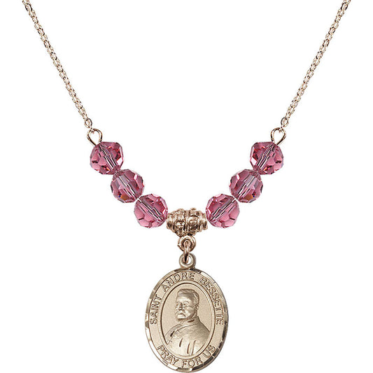 14kt Gold Filled Saint Andre Bessette Birthstone Necklace with Rose Beads - 8424
