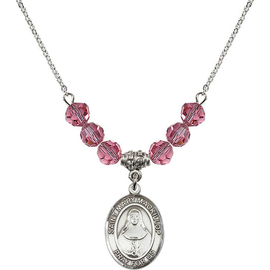 Sterling Silver Saint Mary Mackillop Birthstone Necklace with Rose Beads - 8425