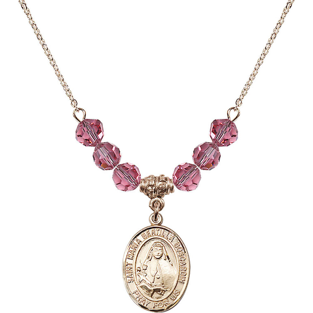 14kt Gold Filled Saint Maria Bertilla Boscardin Birthstone Necklace with Rose Beads - 8428