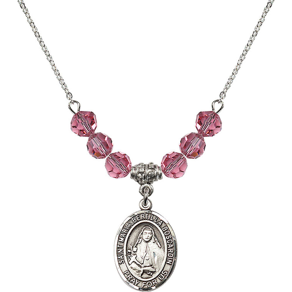 Sterling Silver Saint Maria Bertilla Boscardin Birthstone Necklace with Rose Beads - 8428