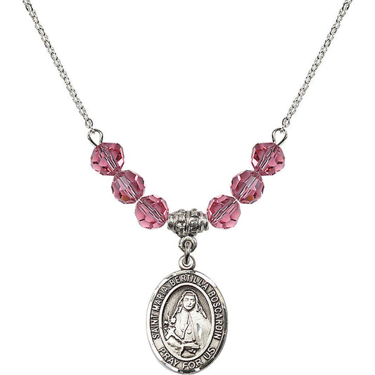 Sterling Silver Saint Maria Bertilla Boscardin Birthstone Necklace with Rose Beads - 8428