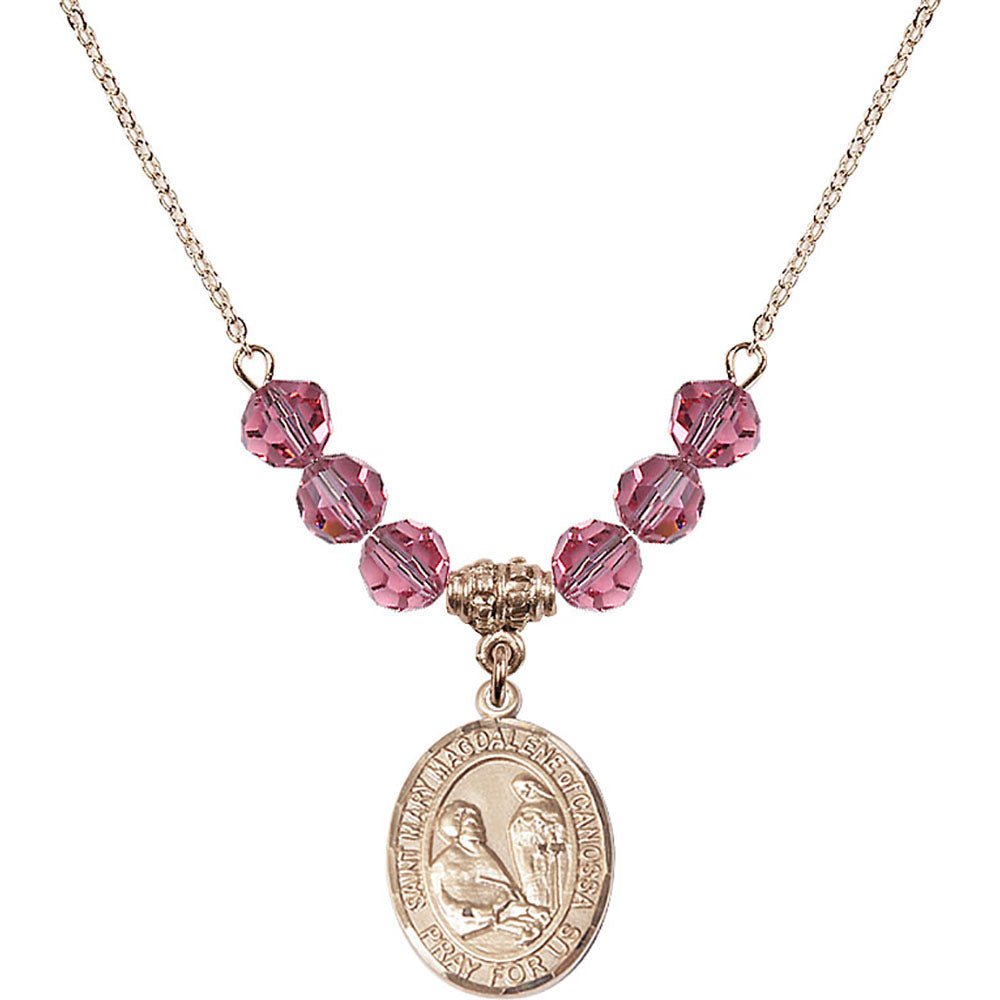 14kt Gold Filled Saint Mary Magdalene of Canossa Birthstone Necklace with Rose Beads - 8429