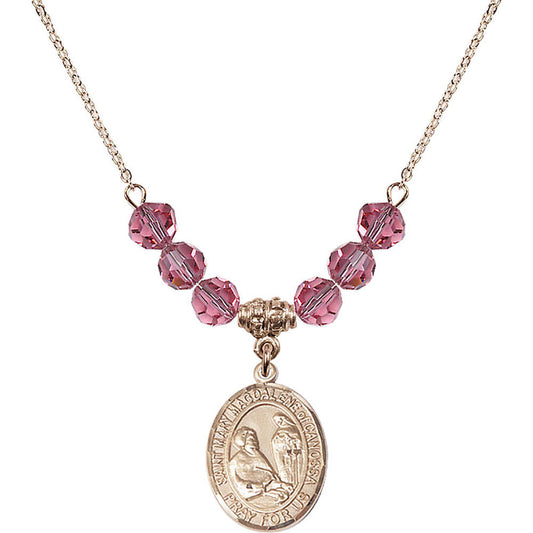 14kt Gold Filled Saint Mary Magdalene of Canossa Birthstone Necklace with Rose Beads - 8429