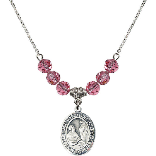 Sterling Silver Saint Mary Magdalene of Canossa Birthstone Necklace with Rose Beads - 8429