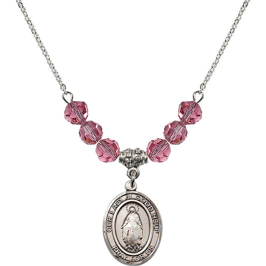 Sterling Silver Our Lady Of Good Help Birthstone Necklace with Rose Beads - 8431