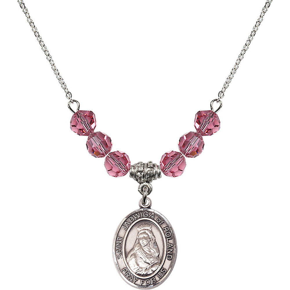 Sterling Silver Saint Jadwiga of Poland Birthstone Necklace with Rose Beads - 8434