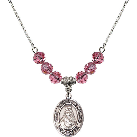 Sterling Silver Saint Jadwiga of Poland Birthstone Necklace with Rose Beads - 8434