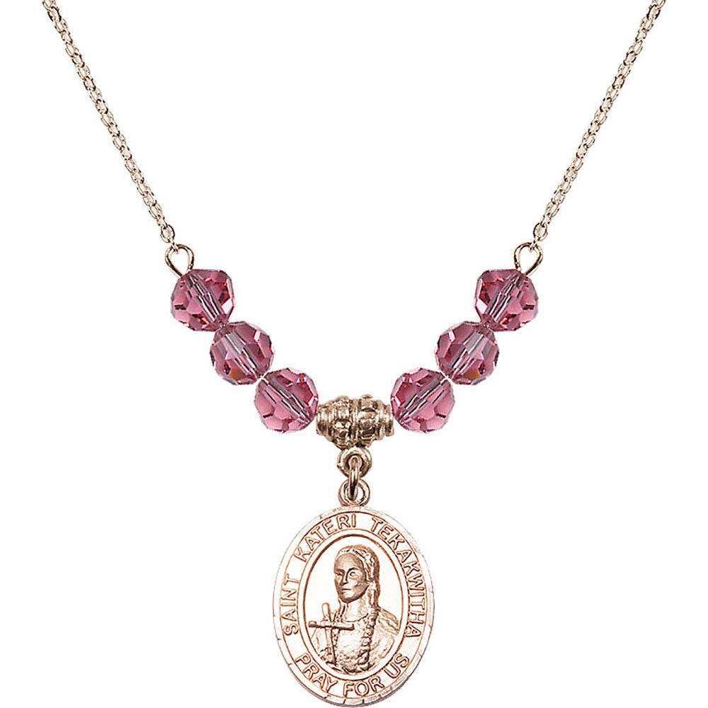 14kt Gold Filled Saint Kateri Tekakwitha Birthstone Necklace with Rose Beads - 8438