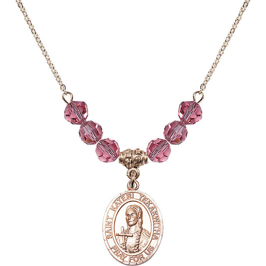 14kt Gold Filled Saint Kateri Tekakwitha Birthstone Necklace with Rose Beads - 8438