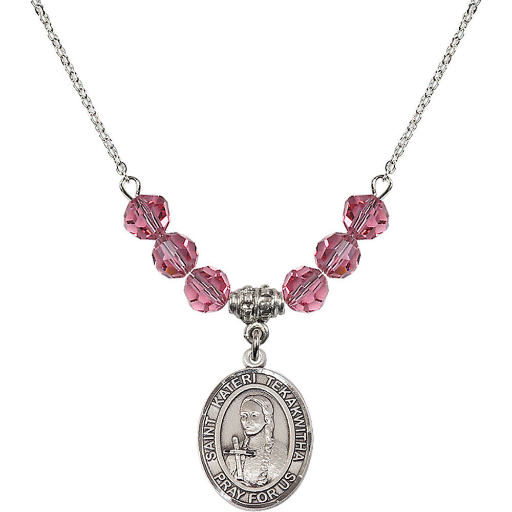 Sterling Silver Saint Kateri Tekakwitha Birthstone Necklace with Rose Beads - 8438