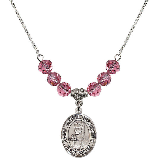 Sterling Silver Saint Kateri Tekakwitha Birthstone Necklace with Rose Beads - 8438