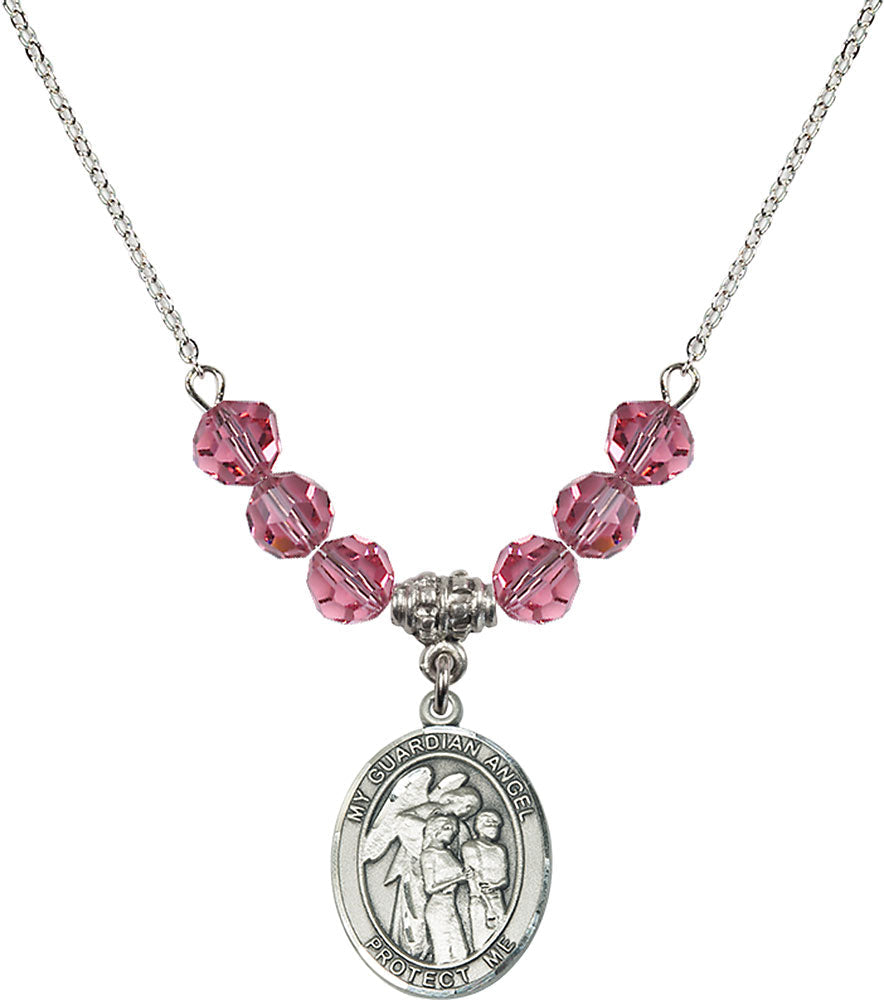 Sterling Silver Guardian Angel w/Children Birthstone Necklace with Rose Beads - 8439