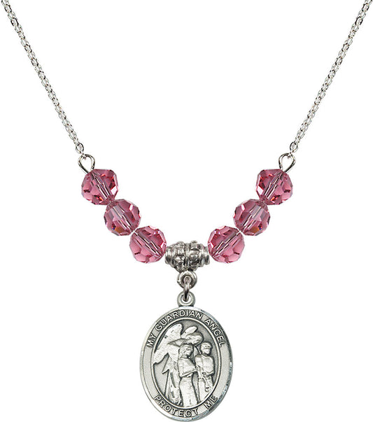 Sterling Silver Guardian Angel w/Children Birthstone Necklace with Rose Beads - 8439