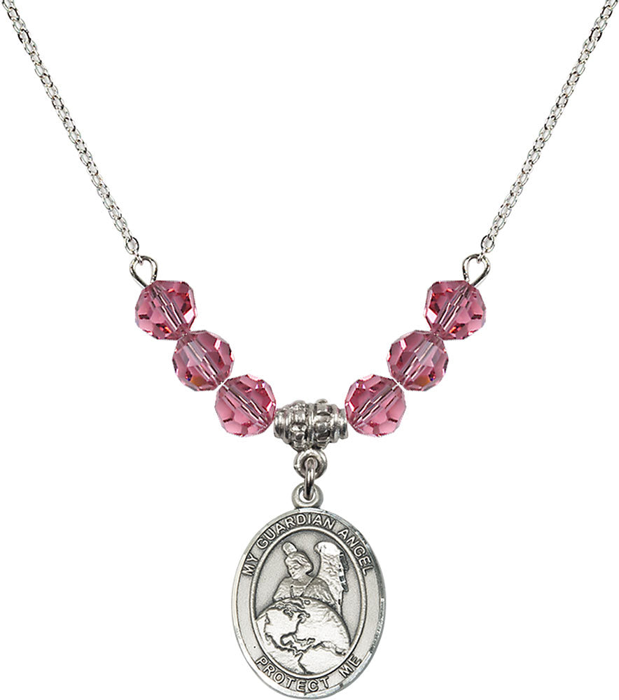 Sterling Silver Guardian Angel Protector Birthstone Necklace with Rose Beads - 8440