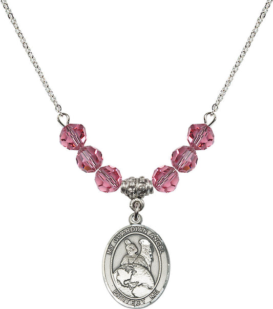 Sterling Silver Guardian Angel Protector Birthstone Necklace with Rose Beads - 8440