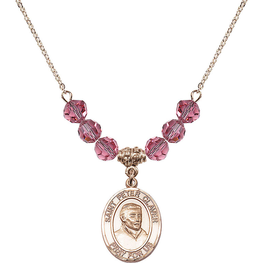 14kt Gold Filled Saint Peter Claver Birthstone Necklace with Rose Beads - 8442