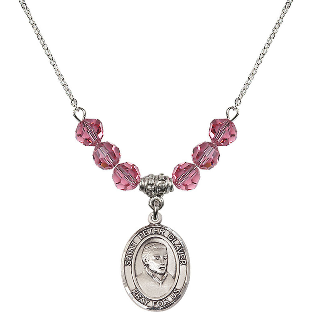 Sterling Silver Saint Peter Claver Birthstone Necklace with Rose Beads - 8442