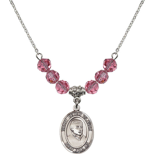 Sterling Silver Saint Peter Claver Birthstone Necklace with Rose Beads - 8442