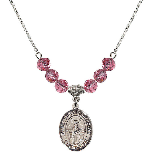 Sterling Silver Saint Medard of Noyon Birthstone Necklace with Rose Beads - 8444