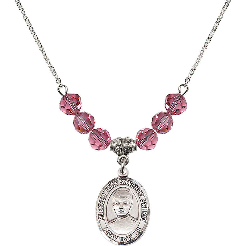 Sterling Silver Blessed Jose Sanchez del Rio Birthstone Necklace with Rose Beads - 8446