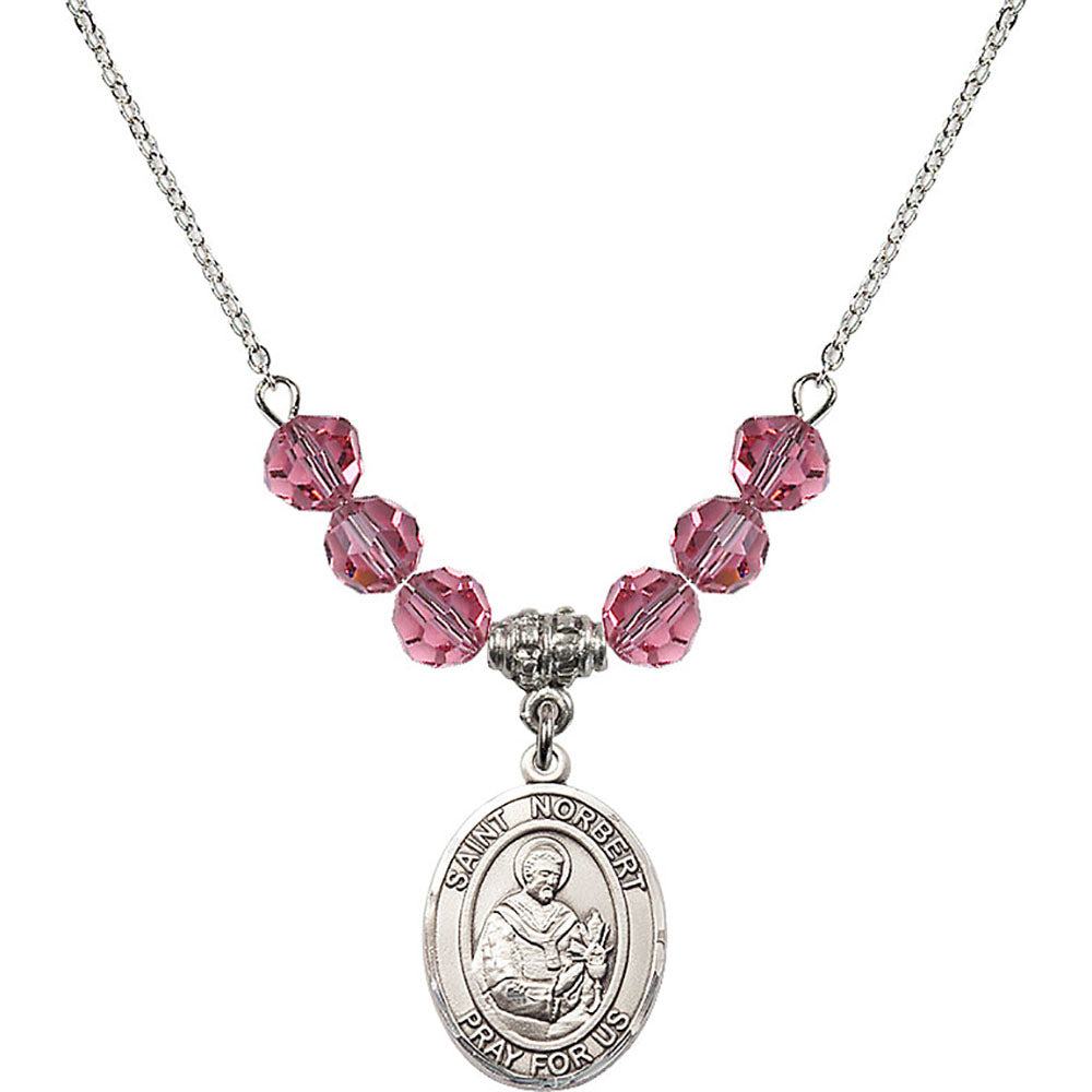 Sterling Silver Saint Norbert of Xanten Birthstone Necklace with Rose Beads - 8447