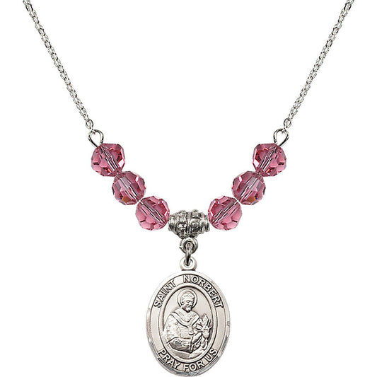 Sterling Silver Saint Norbert of Xanten Birthstone Necklace with Rose Beads - 8447