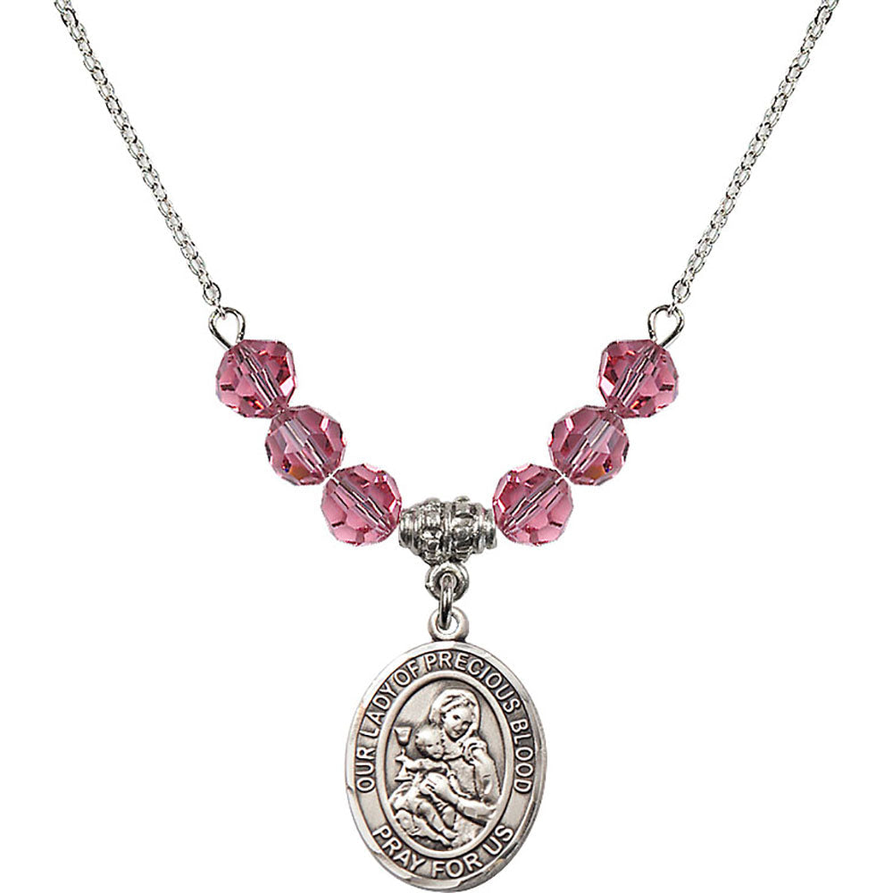 Sterling Silver Our Lady of the Precious Blood Birthstone Necklace with Rose Beads - 8448