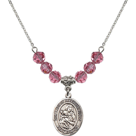 Sterling Silver Our Lady of the Precious Blood Birthstone Necklace with Rose Beads - 8448