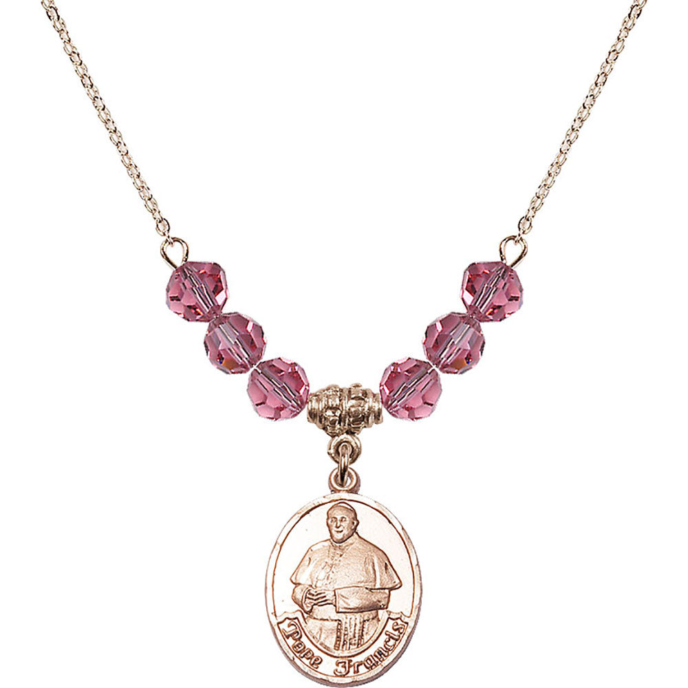 14kt Gold Filled Pope Francis Birthstone Necklace with Rose Beads - 8451