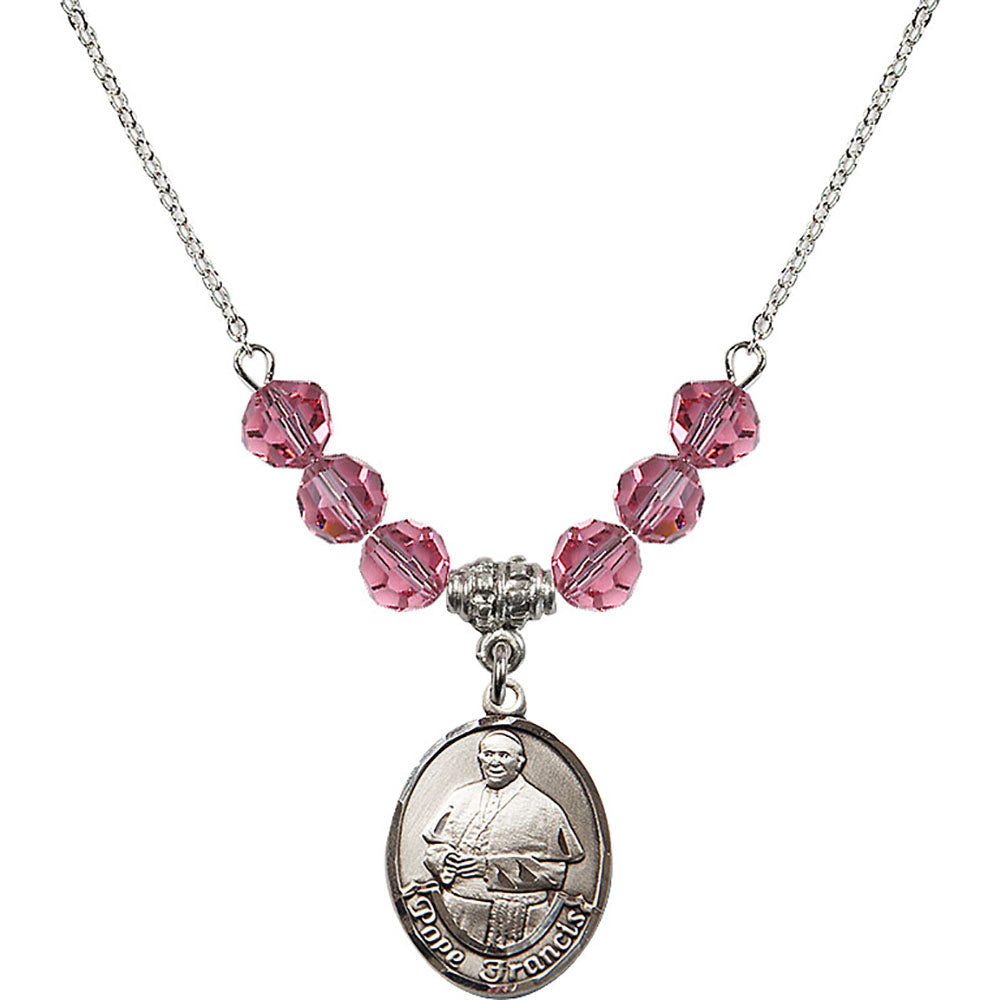 Sterling Silver Pope Francis Birthstone Necklace with Rose Beads - 8451