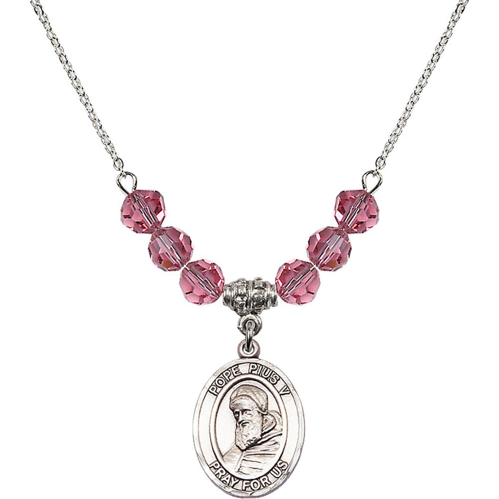 Sterling Silver Saint Pius V Birthstone Necklace with Rose Beads - 8452