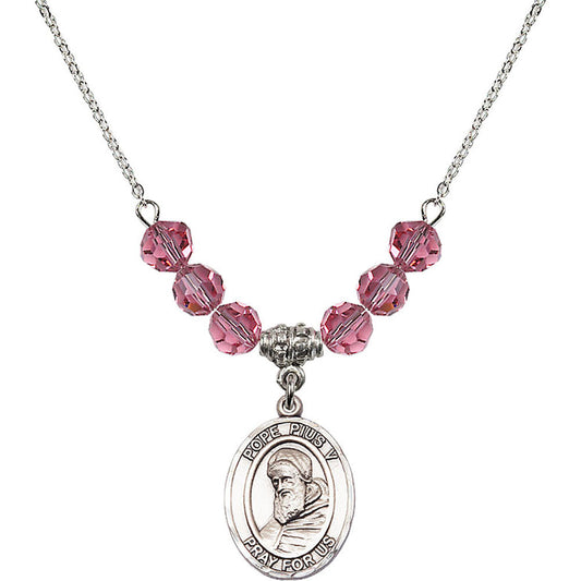 Sterling Silver Saint Pius V Birthstone Necklace with Rose Beads - 8452