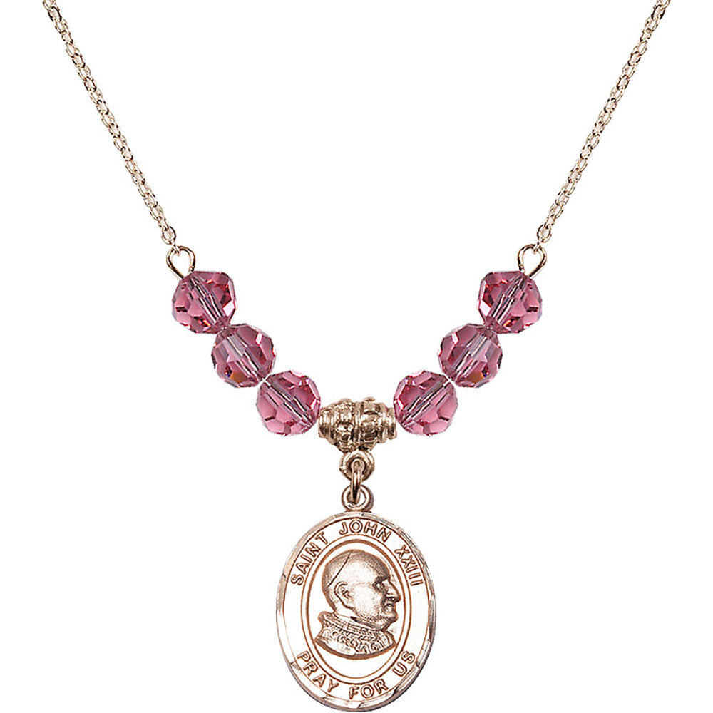 14kt Gold Filled Saint John XXIII Birthstone Necklace with Rose Beads - 8455