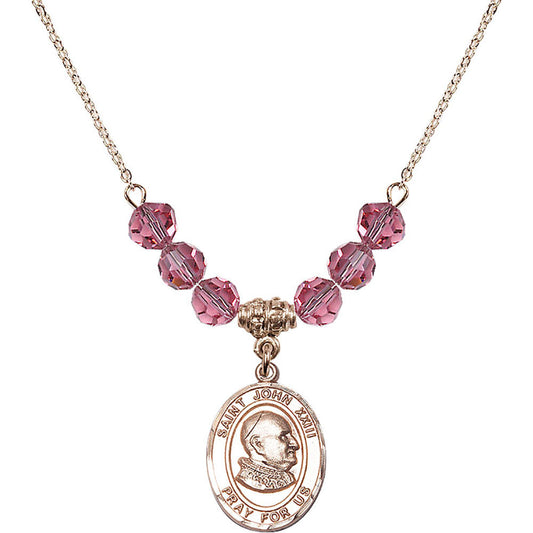 14kt Gold Filled Saint John XXIII Birthstone Necklace with Rose Beads - 8455