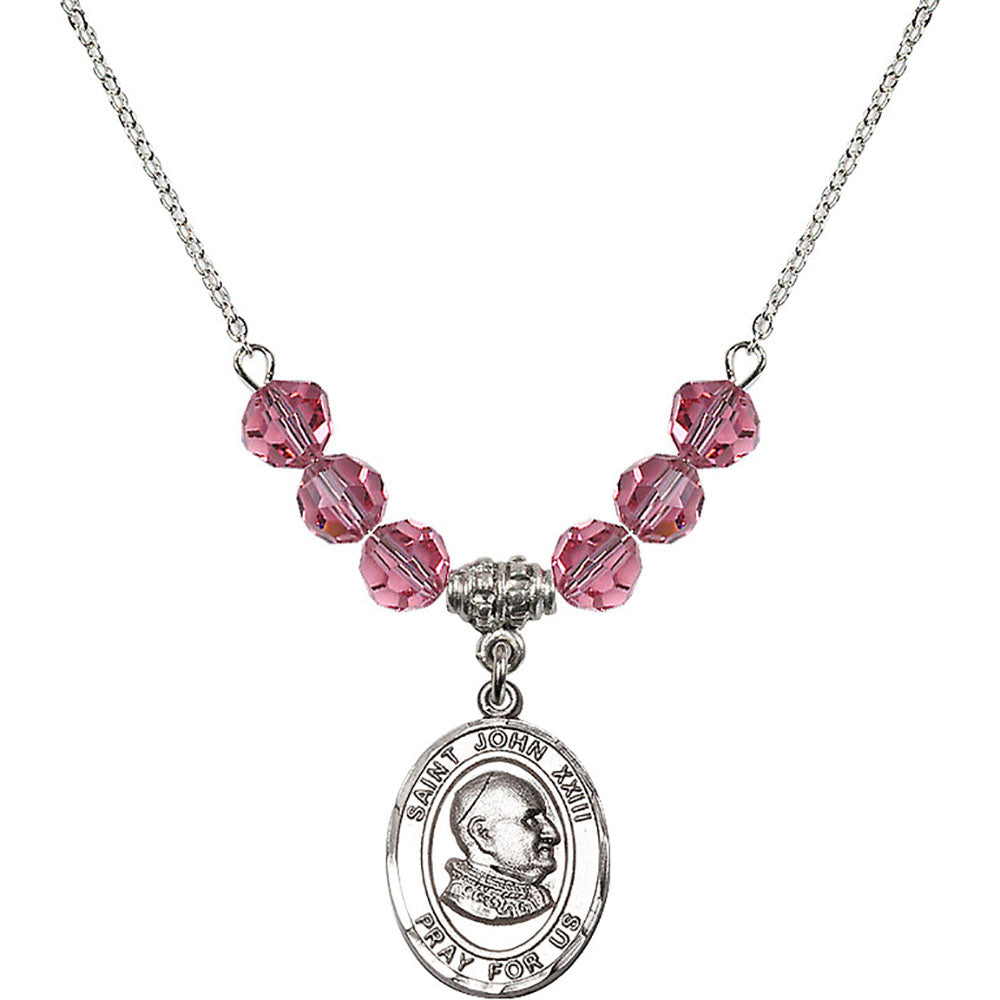 Sterling Silver Saint John XXIII Birthstone Necklace with Rose Beads - 8455