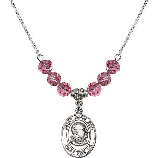 Sterling Silver Saint John XXIII Birthstone Necklace with Rose Beads - 8455