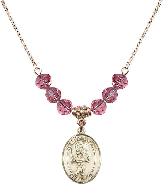 14kt Gold Filled Saint Christopher/Baseball Birthstone Necklace with Rose Beads - 8500