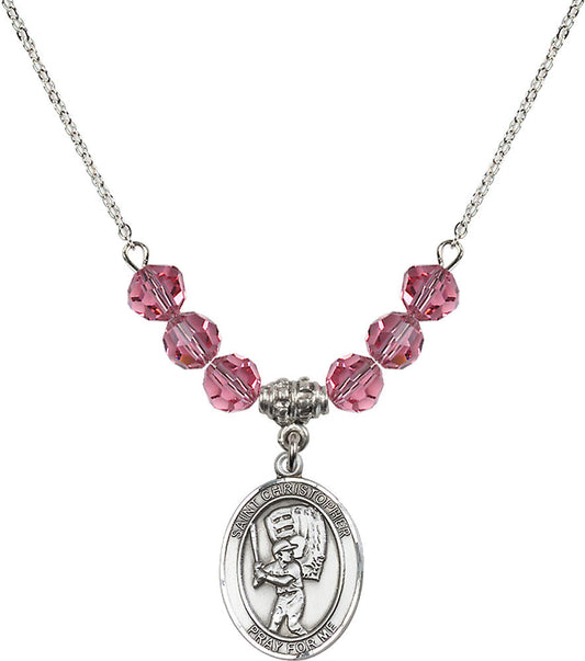 Sterling Silver Saint Christopher/Baseball Birthstone Necklace with Rose Beads - 8500