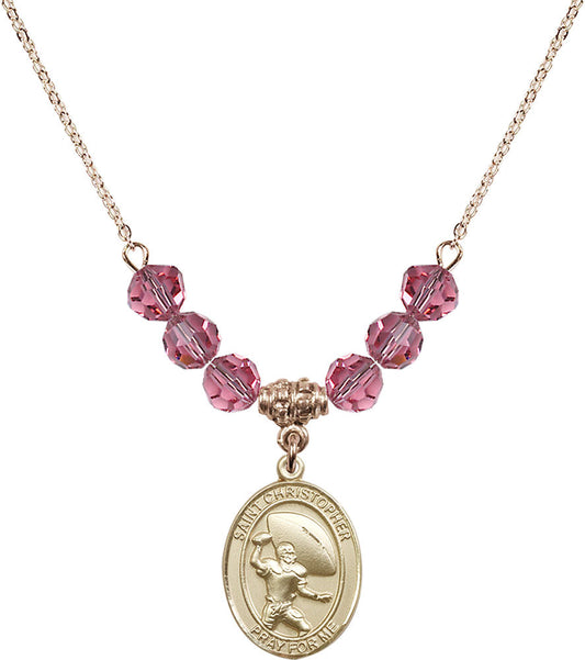 14kt Gold Filled Saint Christopher / Football Birthstone Necklace with Rose Beads - 8501