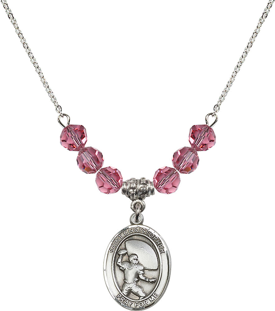 Sterling Silver Saint Christopher / Football Birthstone Necklace with Rose Beads - 8501