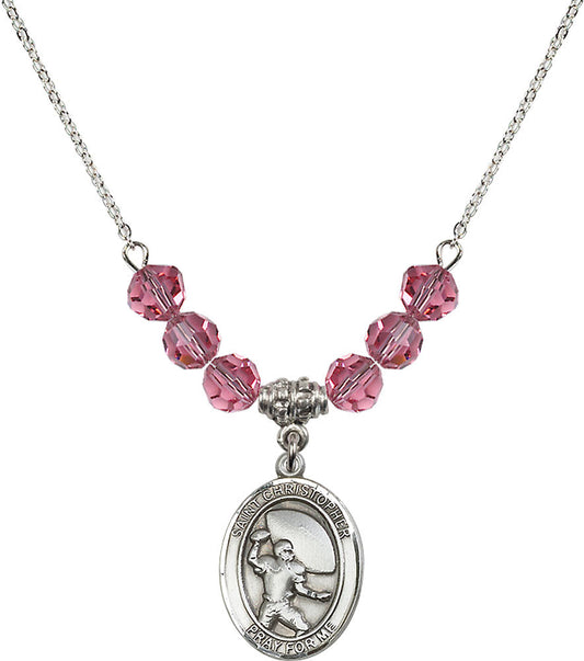 Sterling Silver Saint Christopher / Football Birthstone Necklace with Rose Beads - 8501