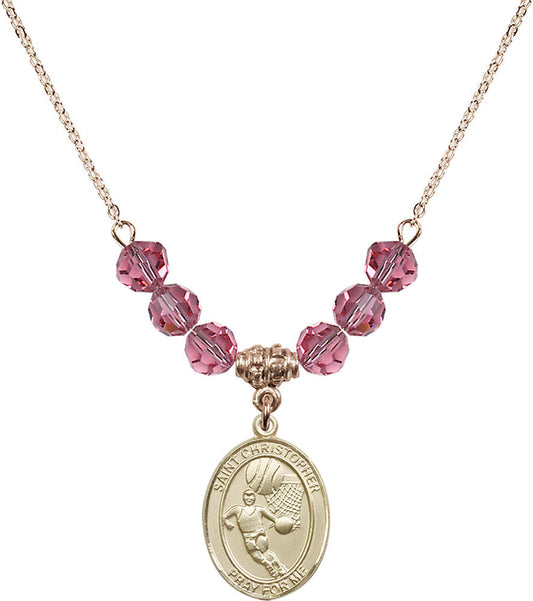 14kt Gold Filled Saint Christopher/Basketball Birthstone Necklace with Rose Beads - 8502