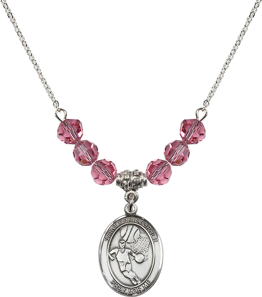 Sterling Silver Saint Christopher/Basketball Birthstone Necklace with Rose Beads - 8502