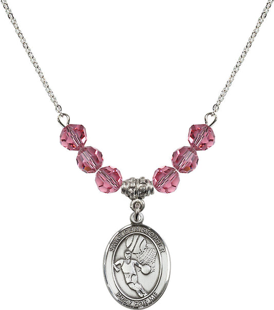 Sterling Silver Saint Christopher/Basketball Birthstone Necklace with Rose Beads - 8502