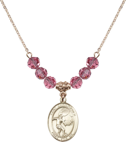 14kt Gold Filled Saint Christopher/Soccer Birthstone Necklace with Rose Beads - 8503