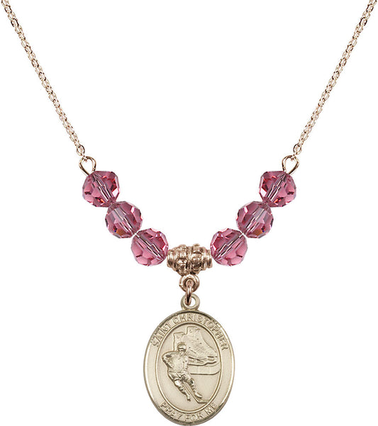 14kt Gold Filled Saint Christopher/Hockey Birthstone Necklace with Rose Beads - 8504